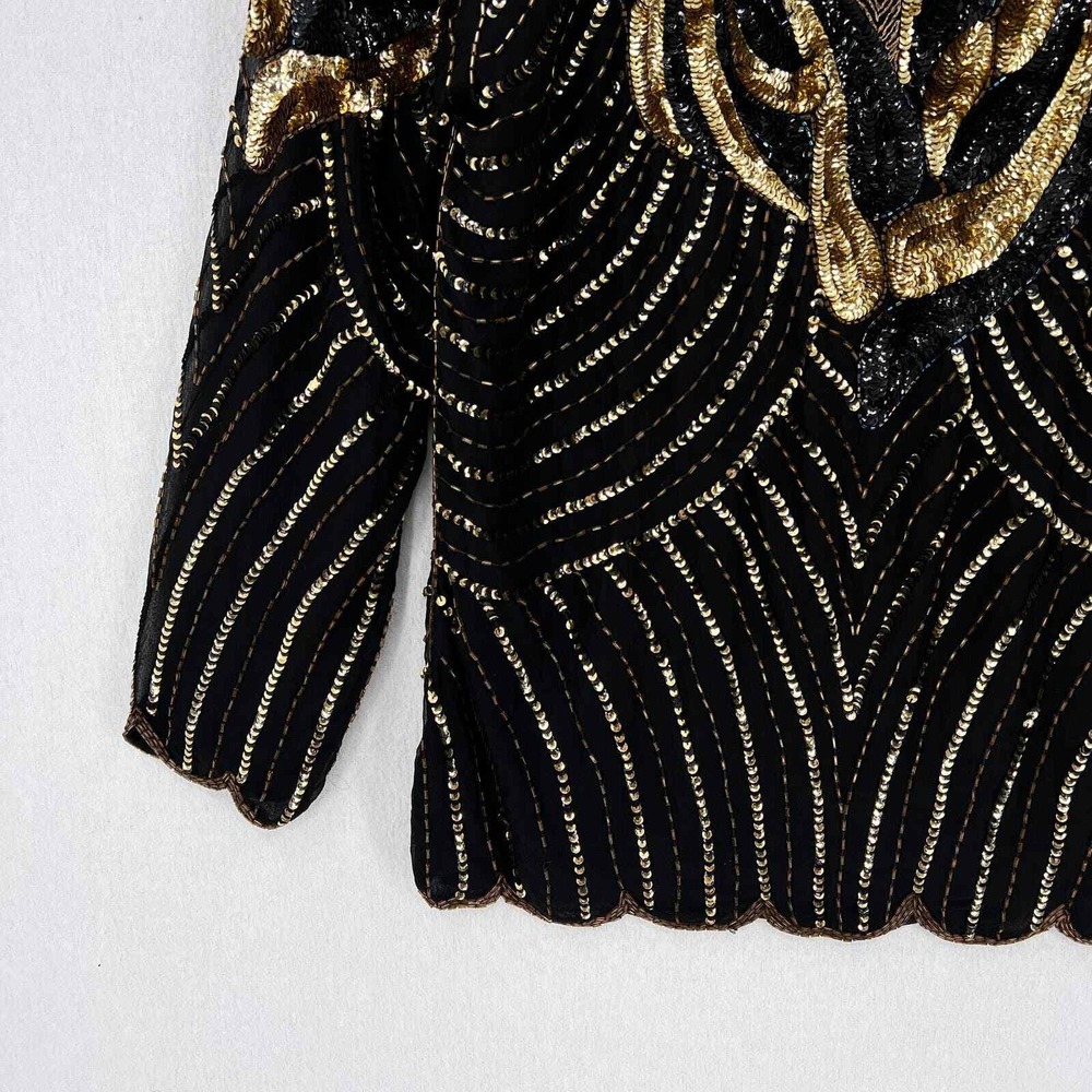 VINTAGE 80s Sequin Top Women Small Black Gold Beaded Silk Party Blouse Disco - Picture 10 of 16